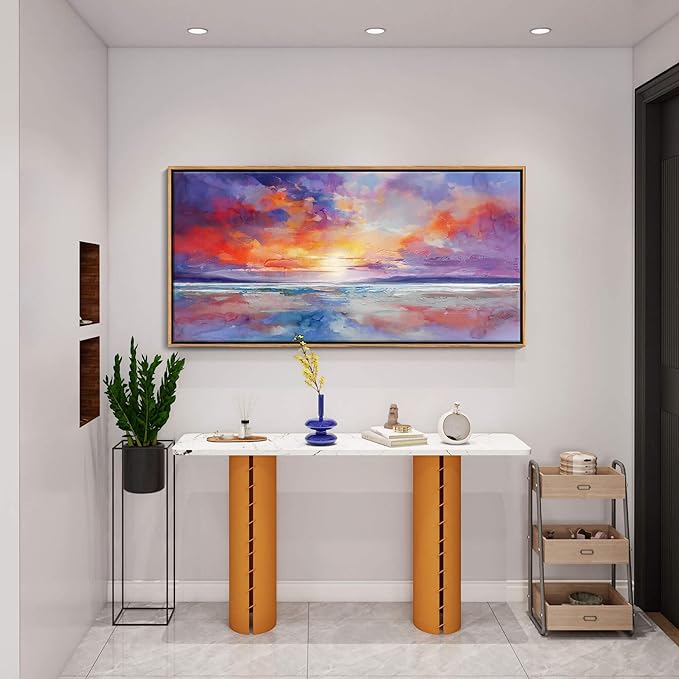 DUNHUANG ART Vibrant Ocean Sunset Canvas Wall Art - Beach Decor & Sunrise Poster - Red Scenery Poster for Living Room & Bathroom - 24"x48"-Ruum Studio Home