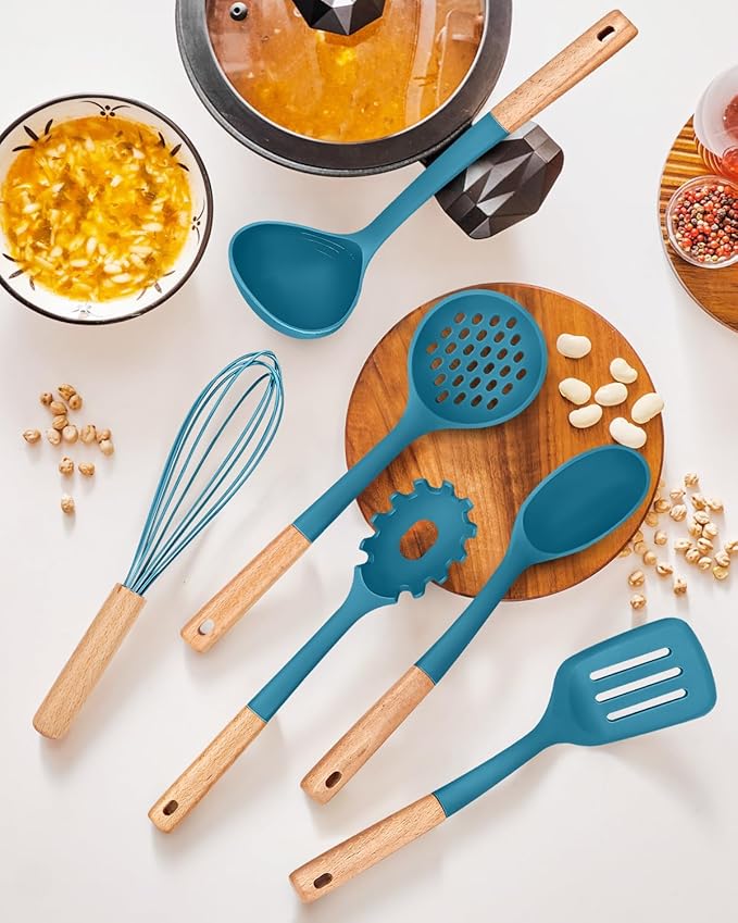 Kitchen Utensils Set, 13PCS Silicone Cooking Utensils, Heat Resistant Kitchen Utensil Spatula Set for Nonstick Cookware, Wooden Handles Kitchen Gadgets Tools Set (BLUE)-Ruum Studio Home
