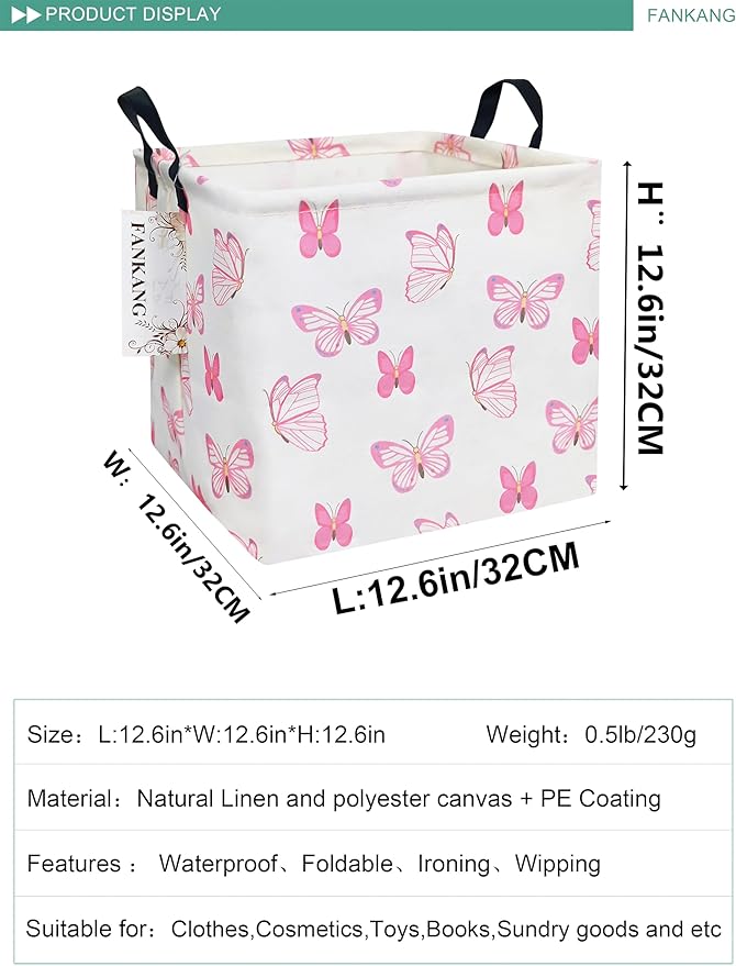 FANKANG Square Nursery Hamper Storage Bins Canvas Laundry Basket Foldable with Waterproof PE Coating Storage Baskets Gift Baskets for Children, Office, Bedroom, Clothes（Square-pink butterfly ）-Ruum Studio Home
