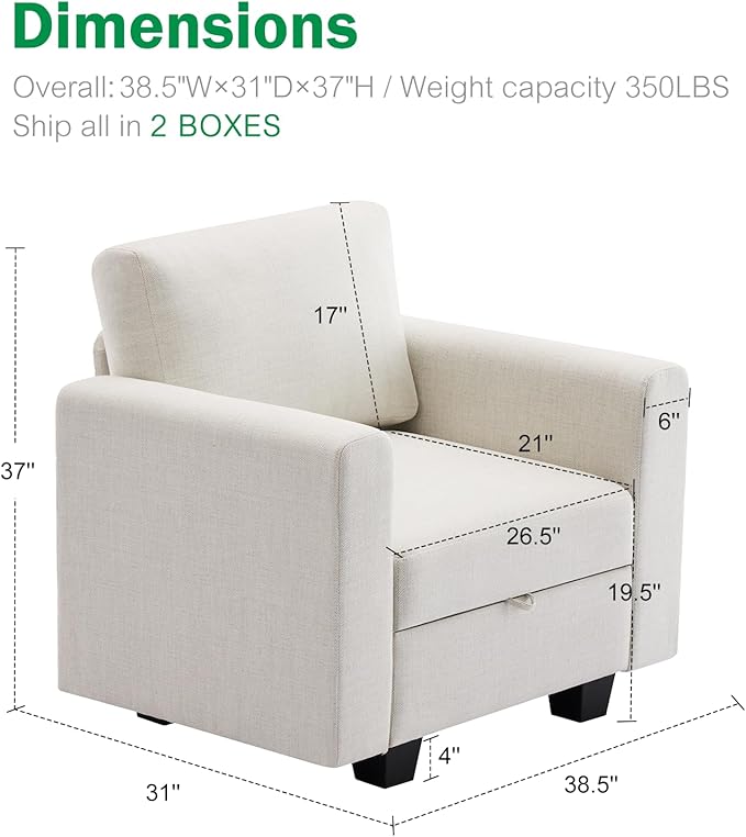 38.5 Oversized Accent Chair with Storage Beige Set of 2, Single Modern Accent Sofa Chair with Arms for Apartment Living Room Linen(21" Deep Seat)-Ruum Studio Home