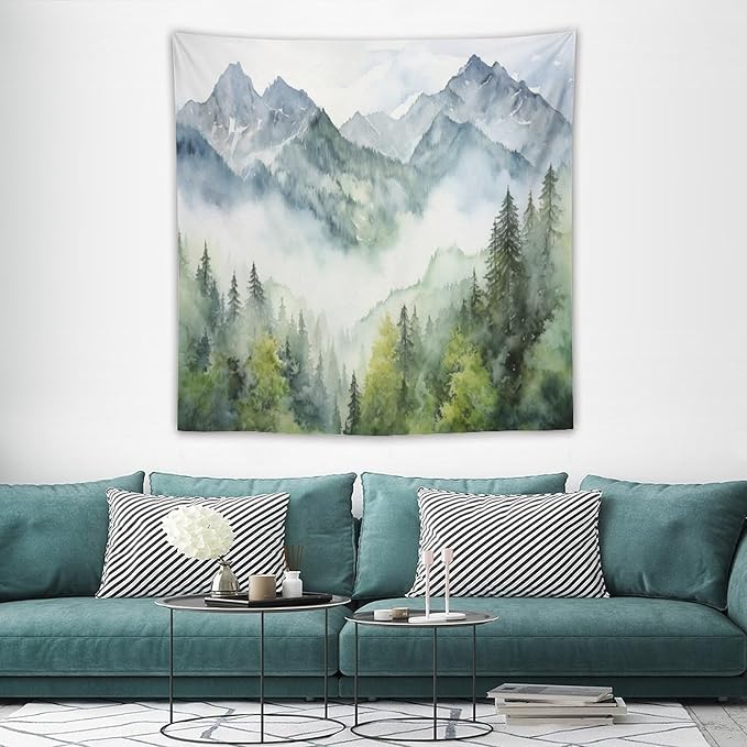 HZOHNAGO Mountain Tapestry Misty Green Forest Mountain Pattern Printed Wall Tapestry Wall Hanging for Bedroom Living Room Dorm 60" W x 60" H-Ruum Studio Home