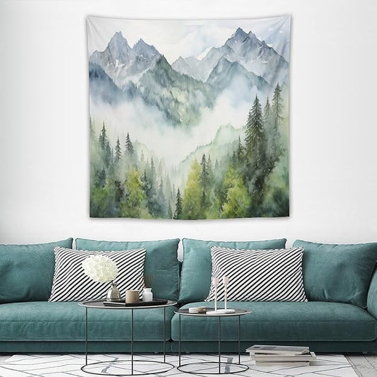 HZOHNAGO Mountain Tapestry Misty Green Forest Mountain Pattern Printed Wall Tapestry Wall Hanging for Bedroom Living Room Dorm 60" W x 60" H-Ruum Studio Home