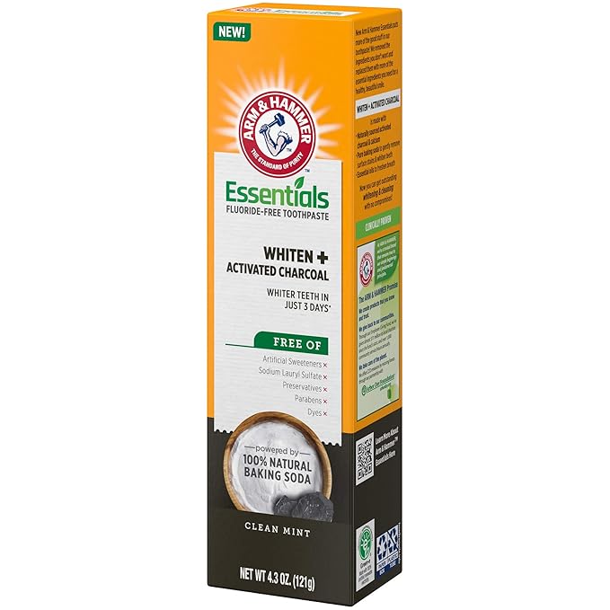 ARM & HAMMER Essentials Fluoride-Free Toothpaste Whiten + Activated Charcoal-4 Pack of 4.3oz Tubes, Clean Mint- 100% Natural Baking Soda-Ruum Studio Home