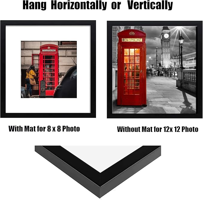 12x12 Picture Frame Set of 6, Display Pictures 8x8 with Mat or 12x12 Without Mat for Wall Mounting,Black-Ruum Studio Home