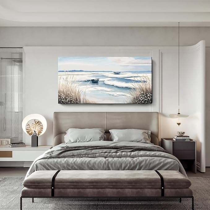 amatop Extra Large Wall Art for Living Room –Big Coastal Beach Minimalist Canvas Artwork with Sailboat Ocean Waves and Reeds Nautical Seascape Picture for Bedroom Decor Blue58x29 Inch-Ruum Studio Home
