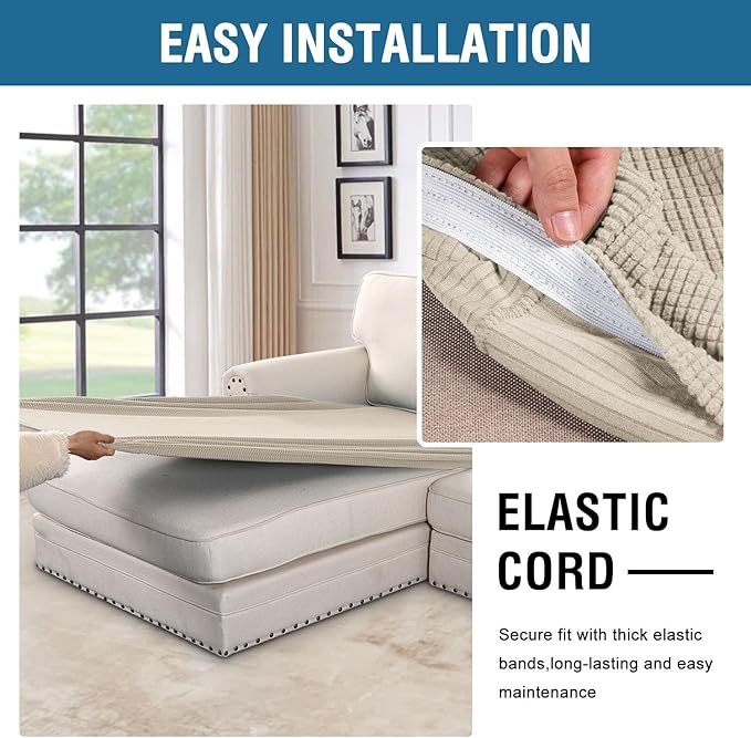 H.VERSAILTEX Super Stretch Individual Chaise Cover Sectional Couch Covers for L Shaped Sofa Both Left/Right Featuring Thick Jacquard Textured Twill Fabric (1 Piece Chaise Cover, Natural)-Ruum Studio Home