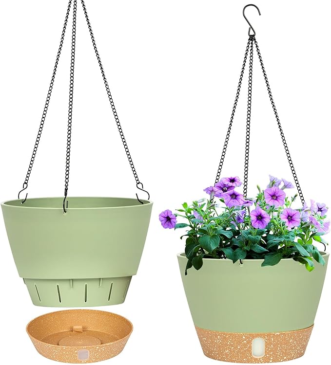 QCQHDU 2 Pack Hanging Planters for Indoor Outdoor Plants, 8 Inch Hanging Baskets Flower Pots with Reservoir Tray & Visible Water-Level-Ruum Studio Home