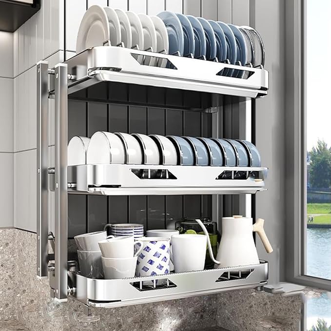 Dish Drying Rack with Drain Board - Rustproof Stainless Steel Dish Rack with Utensil Holder,Dish Racks for Kitchen Counter Over Sink,Over-Sink Drying Rack(Wall-Mounted,Third Floor)-Ruum Studio Home