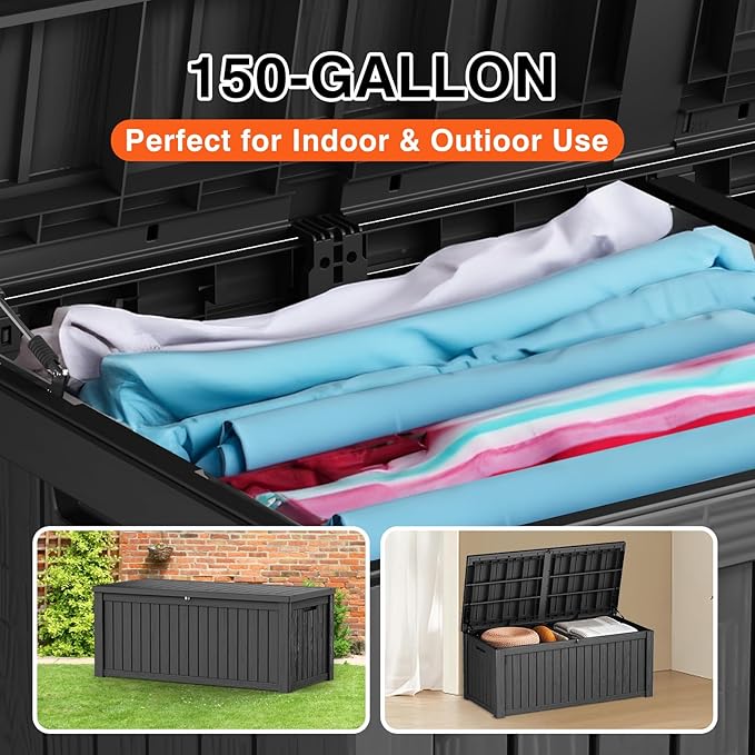 150 Gallon Outdoor Storage Cabinet, Large Outdoor Storage Box for Patio Furniture Covers, Cushion Pillows, Waterproof Deck Box with Lockable Lid for Garden Tools, Pool Accessories, Black-Ruum Studio Home