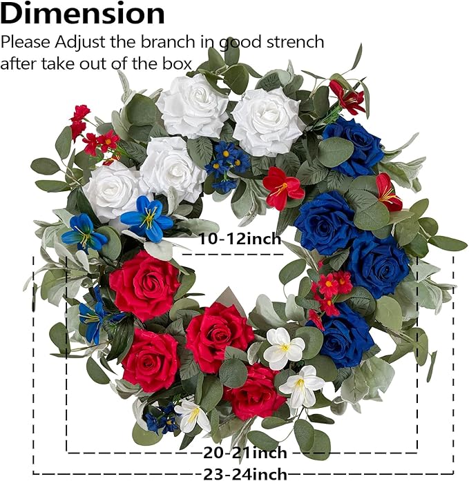 WANNA-CUL Patriotic Wreath Decorations, 24 Inch Rose 4th of July Wreaths for Front Door, Red White Blue Spring Door Wreath for Independence Day, Memorial Day for Indoor Outdoor Decor-Ruum Studio Home