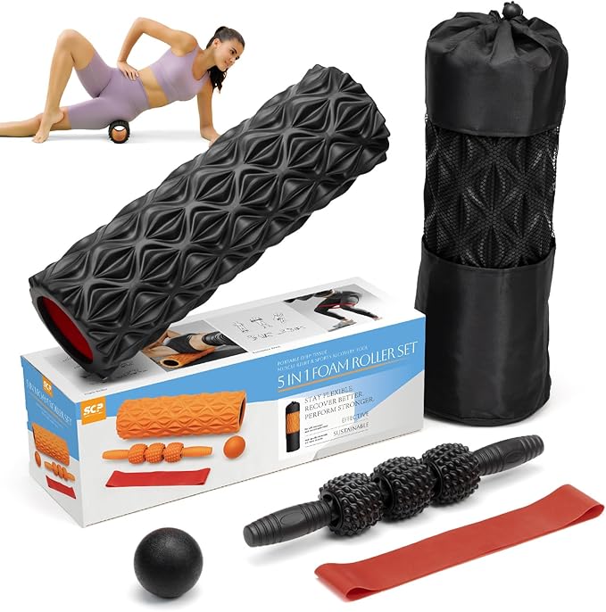 5 in1 Foam Roller Set, Trigger Point Foam Roller, Massage Roller Stick, Massage Ball, Resistance Band for Deep Muscle Massage Pilates Yoga,Fitness Exercise for Whole Body (Pure Black)-Ruum Studio Home