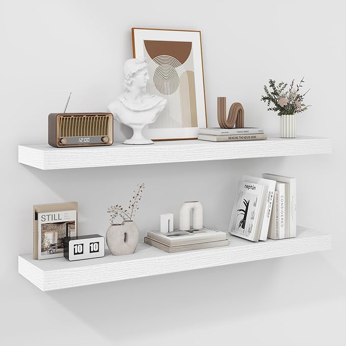 Fun Memories 36 Inch Floating Shelves - Deep Rustic White Wooden Wall Shelves - Extra Deeper & Thicker Wall Mounted Storage Shelf for Bedroom, Kitchen, Farmhouse - 2 Pack, Rustic White-Ruum Studio Home