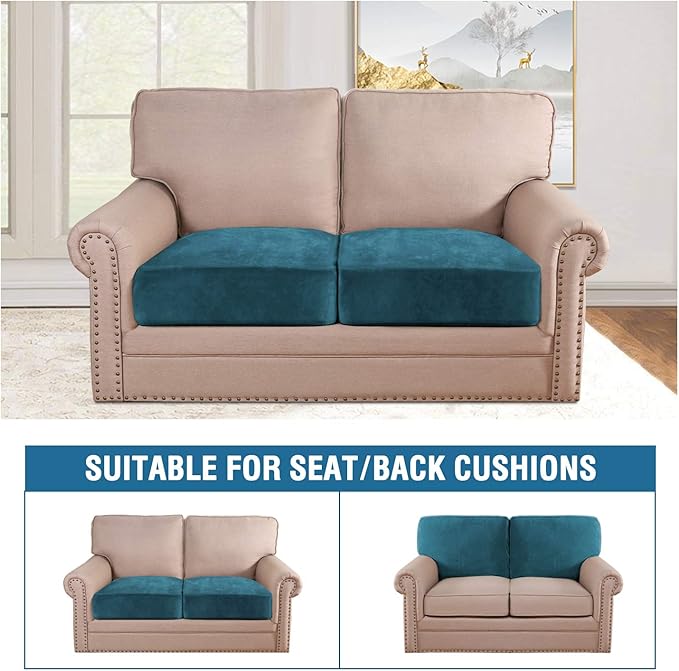 H.VERSAILTEX Velvet Stretch Couch Cushion Cover Plush Cushion Slipcover for Chair Loveseat Sofa Cushion Furniture Protector Seat Cushion Sofa Cover (2 Piece Large Sofa Cushion Covers, Deep Teal)-Ruum Studio Home