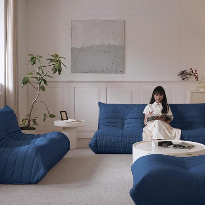 Luxury Sofa Couch Chair, Lazy Floor Seating, Fireside Bean Bag Chair, Ergonomic Tatami Sofa Lounger for Living Room, Bedroom, Office, 3 Seat, Blue-Ruum Studio Home