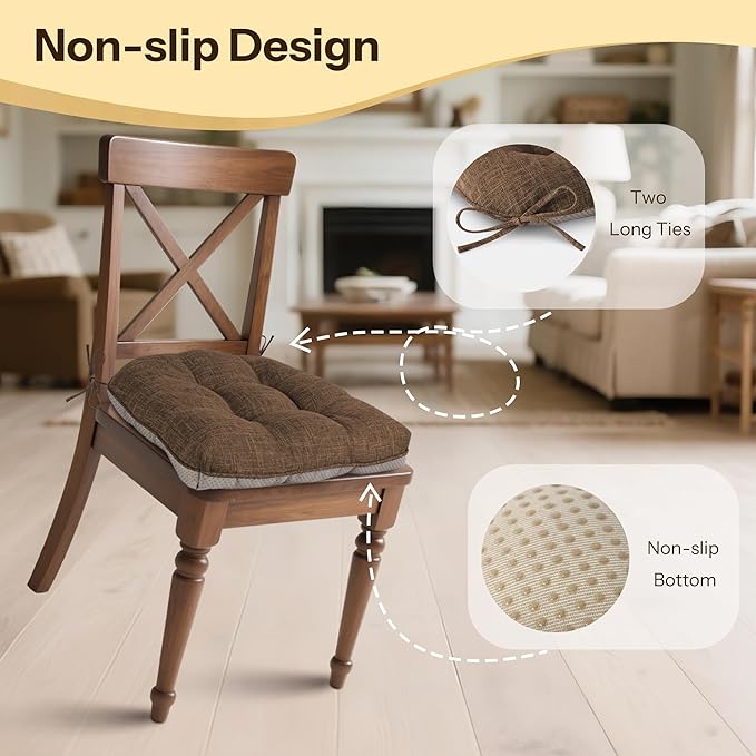 Non Slip Chair Cushions for Dining Chairs Set of 4 Kitchen Chair Cushions 18"x18"x3" Turfted Chair Pads Comfortable and Soft Seat Cushion with Ties, Coffee-Ruum Studio Home