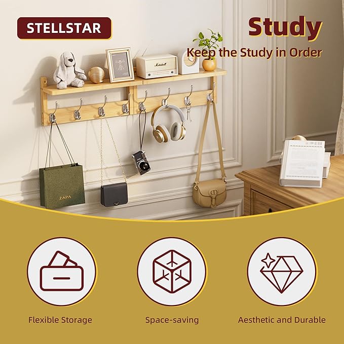 Coat Rack with Shelf, 2 Pack Bamboo Wall-Mounted Coat Hanger with 8 Hooks for Entryway, Hallway, Kitchen, Bathroom, Living Room, Utility Room (Natural)-Ruum Studio Home