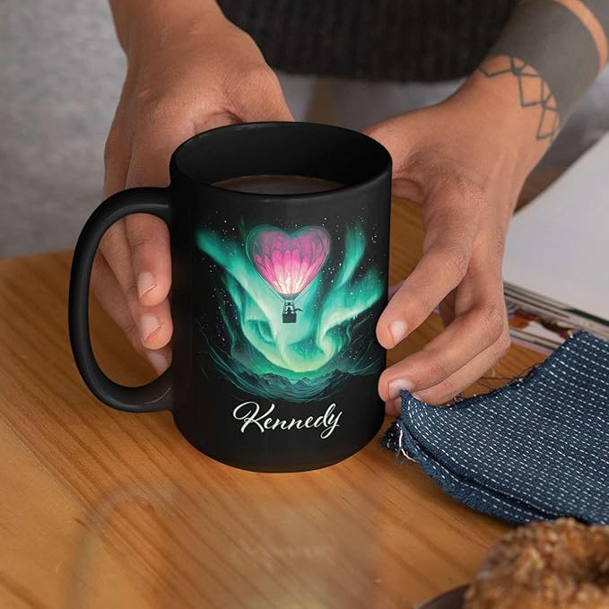 Customized Name Coffee Cup, Custom Hot Air Balloon Mug With Heart-Shaped, Personalized Northern Lights Ceramic Mug, Gift For Couples On Valentine's Day, Love Black Cup 11oz Or 15oz-Ruum Studio Home
