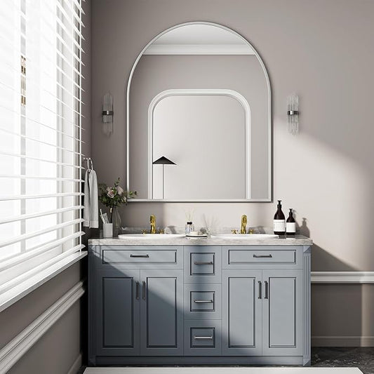 BEAUTYPEAK 36"x48" Arch Bathroom Mirror, Wall Mounted Vanity Metal Frame Mirror for Bedroom, Entryway, Living Room, Silver-Ruum Studio Home