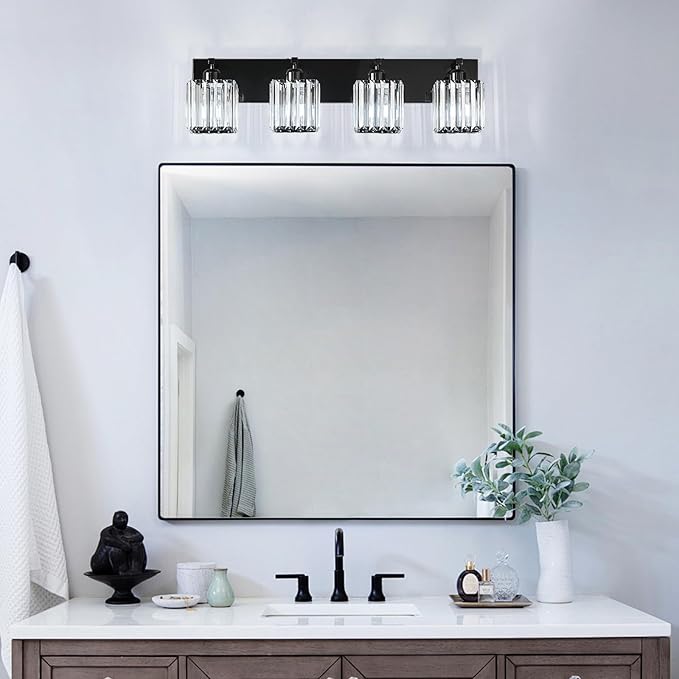 Modern Bathroom Vanity Light 4-Lights Plating Black Crystal Bathroom Wall Light Vanity Light Fixtures-Ruum Studio Home