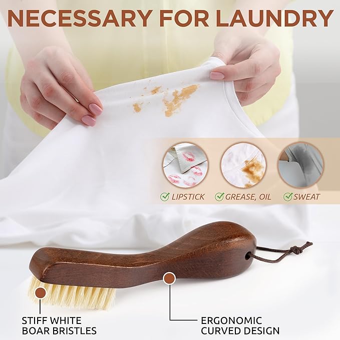 TAKAVU Stain Brush, Laundry Brush for Stain Removal, Natural Boar Bristle Cleaning Brush with Ergonomic Handle, Suitable for Delicate Fabrics Without Damage, Perfect Laundry, Shoes, Boots, Home-Ruum Studio Home