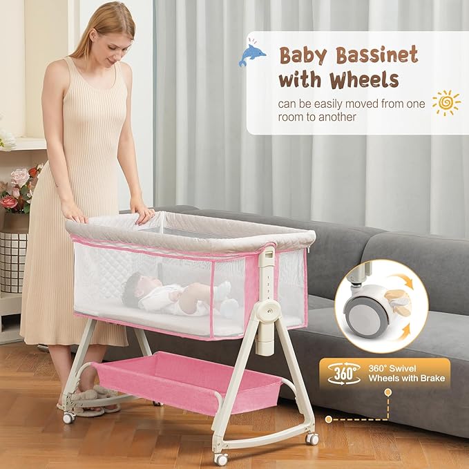 Baby Bassinet Bedside Sleeper for Baby,Bedside Bassinet with Wheels and Storage Basket, 6 Height Adjustable Bedside Crib(Upgrade Pink)-Ruum Studio Home