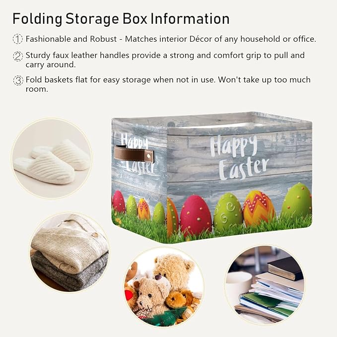 Happy Easter Eggs Storage Basket Cube Storage Bins Organizer Bag Collapsible Closet Shelf Baskets with handle for Baby Cloth Pet Toy Book 14.2×10.2×8.3 IN-Ruum Studio Home