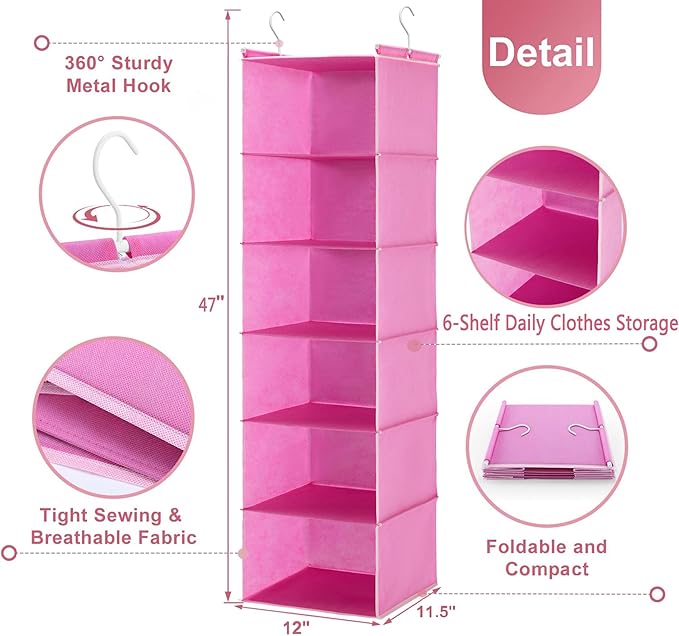 MAX Houser 6-Shelf Hanging Closet Organizer, Hanging Storage Shelves with 2 Sturdy Hooks Space-Saving for Bedroom, Foldable (Pink)-Ruum Studio Home