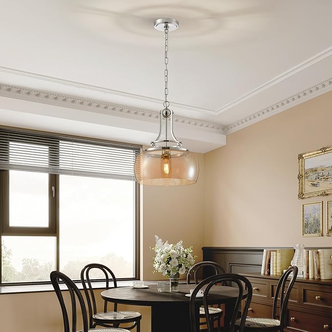 WUZUPS Nickel Chandelier Rustic Farmhouse Industrial Round Ceiling Pendant LED Light Fixture with Amber Glass Shade for Dining Room Kitchen Island Foyer Entryway, H 17" W 13.4", E26 Base-Ruum Studio Home