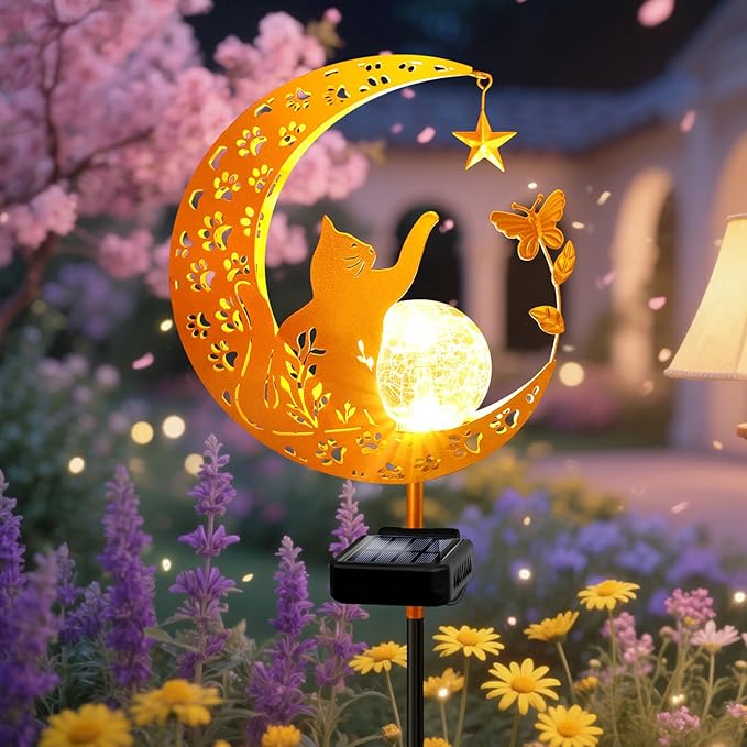 YJFWAL Garden Solar Cat Lights Pathway Stake Lights Glass Globe with Moon Cat Decor, Gifts for Mom Grandma Friends, Outdoor Decor Light Waterproof for Walkway, Yard, Patio or Garden (Warm White)-Ruum Studio Home
