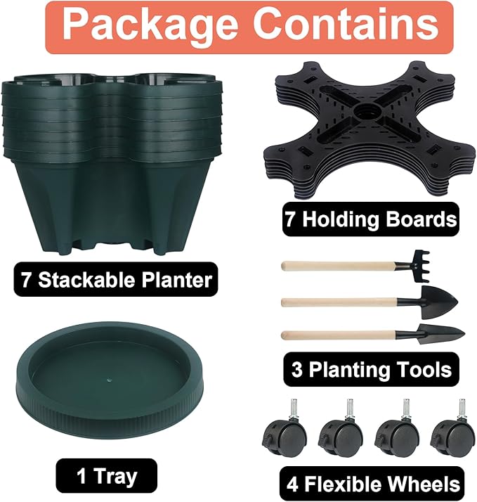 Vertical Planter 7 Tier Stackable Planters Garden Planters Strawberry Herb Flower and Vegetable Planter Indoor Outdoor Gardening Pots with Removable Wheels and Tools-Ruum Studio Home