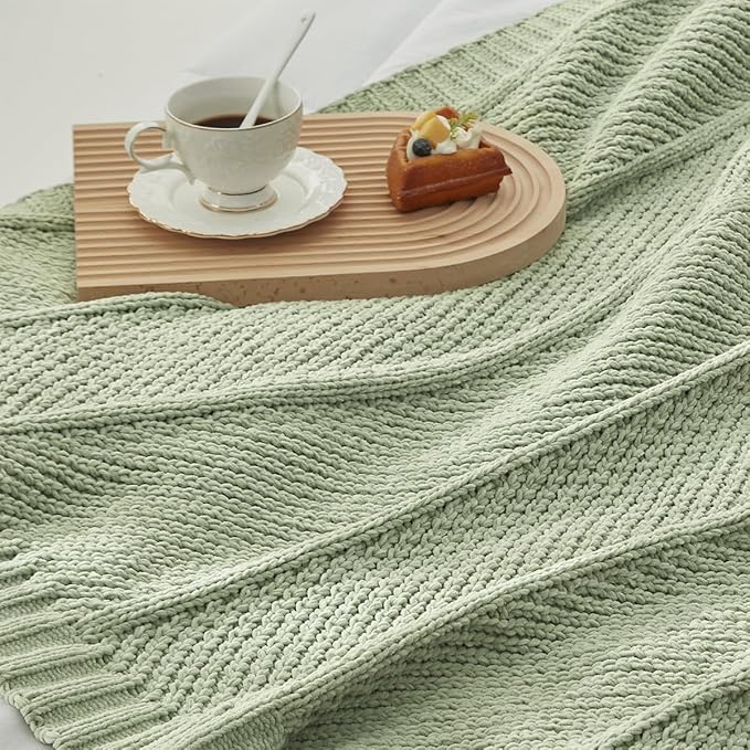Amélie Home Chenille Knit Throw Blanket for Couch, Chevron Texture Decorative Soft Blanket for Sofa, Bed & Chair, 50"x60", Sage Green-Ruum Studio Home
