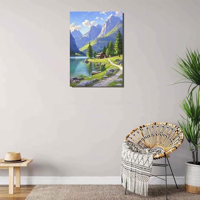 Landscape wall painting of mountain forest lakeside cabin under blue sky and white clouds natural oil painting poster suitable for living room bedroom office-Ruum Studio Home