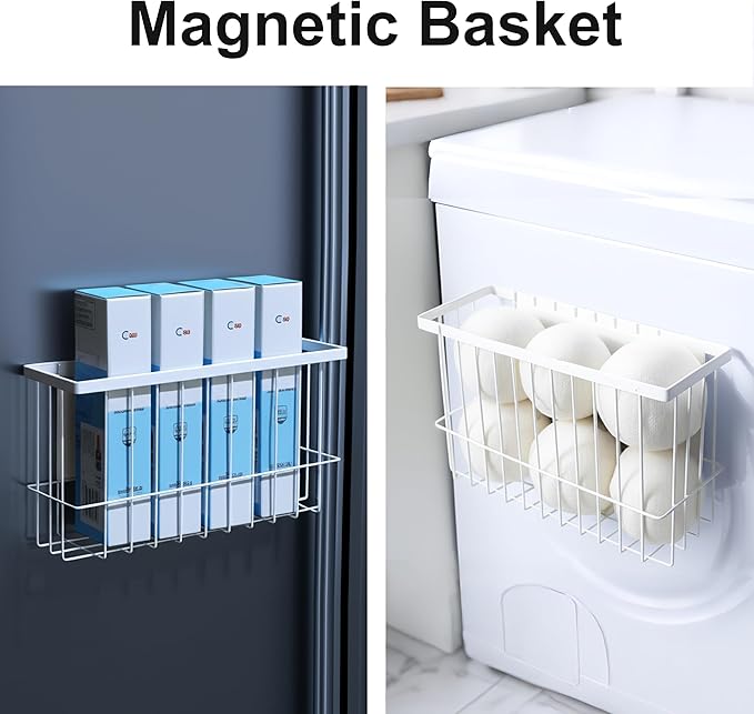 Magnetic Basket for Fridge, Magnetic Fridge Basket, Foil and Plastic Wrap Organizer with 4 hooks, Laundry Room Organization for Dryer Ball, Cling Film, Mail, Umbrella, White, 2 Pack-Ruum Studio Home