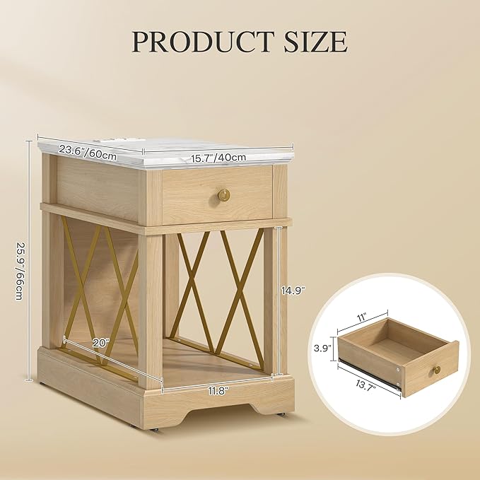 YITAHOME Farmhouse End Table Set of 2, Side Table with Power Outlets, Nightstand with Drawer and Open Storage, Rustic End Table for Living Room, Sleeping Room, Natural Walnut-Ruum Studio Home