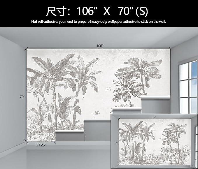 Gray Jungle Landscape Wallpaper Mural Tropical Banana Leaf Wall Mural (Not Peel and Stick)-Ruum Studio Home