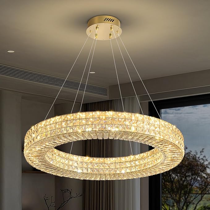 Dia 32" Ring Crystal Chandelier Modern Gold Chandelier Adjustable Height Luxury Crystal Pendant Ceiling Light Fixture for Dining Living Room Bedroom-Ruum Studio Home