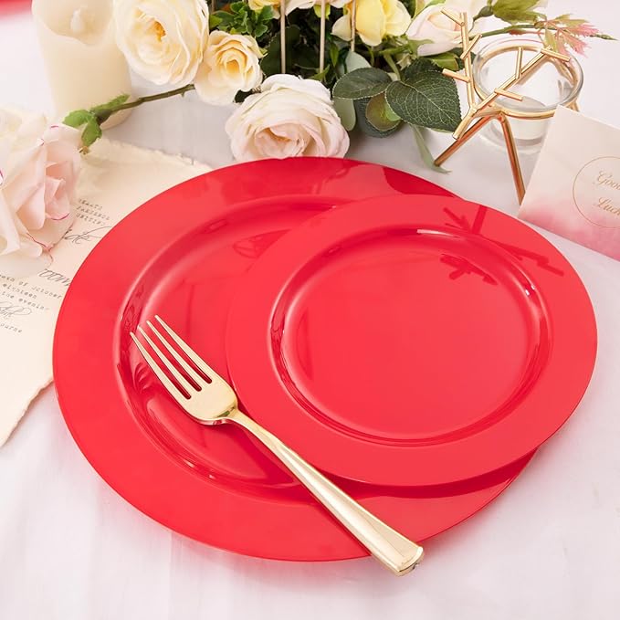 FLOWERCAT 60PCS Red Plastic Plates - Heavy Duty Red Plates Disposable for Party - Include 30PCS 10.25inch and 30PCS 7.5inch for 30 guests Party & Christmas & New Year-Ruum Studio Home