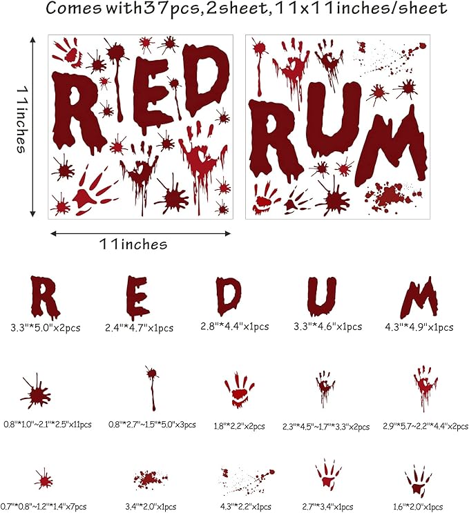 Halloween Redrum Murder Wall Decal Horror Ghost Hand Wall Decals Halloween Blood Splatter Decals Removable Peel and Stick Walls Stickers for Haunted House Party Window Decor-Ruum Studio Home