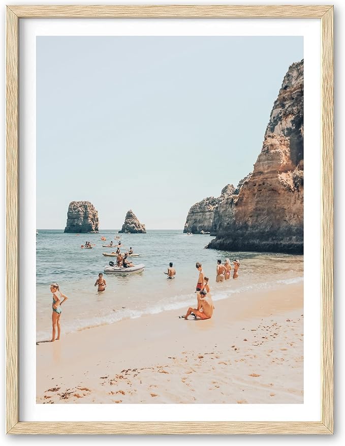 HesenDot Natural OAK Wood Framed Amalfi Coast Summer Wall Art,12x16in Italy Arienzo Beach Canvas Wall Print,Positano Swimming Poster Wall Decor for Living Room,Bedroom,Office Gallery Set of 1-Ruum Studio Home
