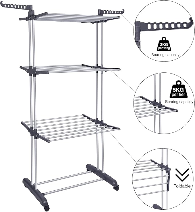 Bigzzia Clothes Drying Rack Folding Drying Rack Clothing 4 Tier Clothes Horses Rack Stainless Steel Laundry Drying Rack with Two Side Wings Grey-Ruum Studio Home