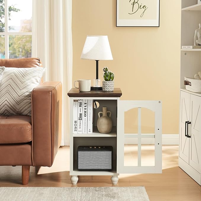 Narrow Side Table Set of 2,White Nightstand with Charging Station,End Table with Glass Barn Door Storage, Cabinet Organizer with Adjustable Shelf, Night Stand for Small Spaces Living Room Bedroom-Ruum Studio Home
