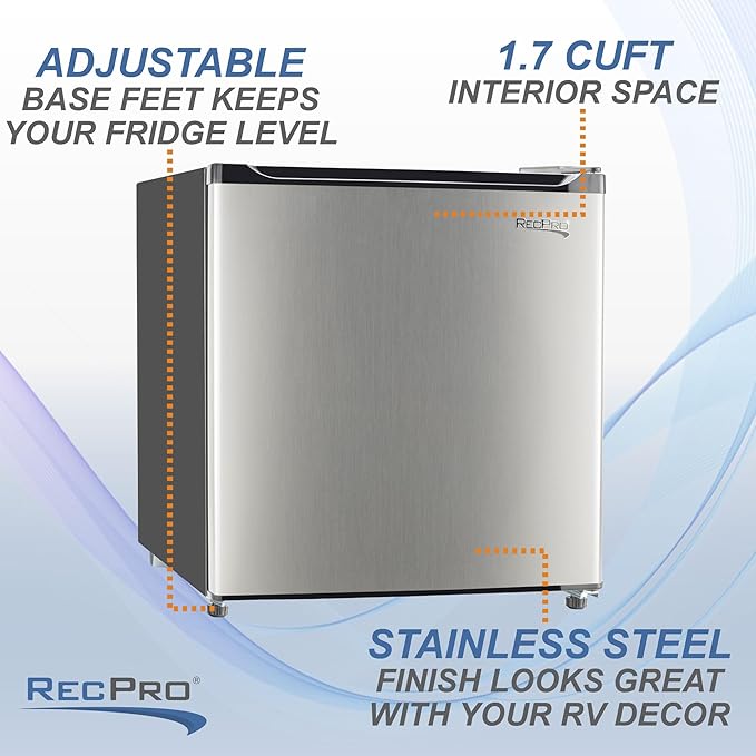 RecPro 1.7 Cu Ft 12V RV Refrigerator | Compact Fridge with Reversible Door, 2L Bottle Door Storage, 7 Temp Settings | Eco-Friendly R600A, Leveling Feet, Wire Shelf | 19.5”H x 17.5”W x 19.8”D-Ruum Studio Home