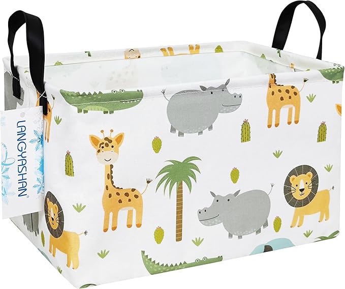 LANGYASHAN Rectangular Storage Bin Collapse Canvas Fabric Cartoon Storage Basket with Handles for Organizing Home Kitchen Boys and Girls Toys Office Closet Shelf Baskets (Rec animal)-Ruum Studio Home