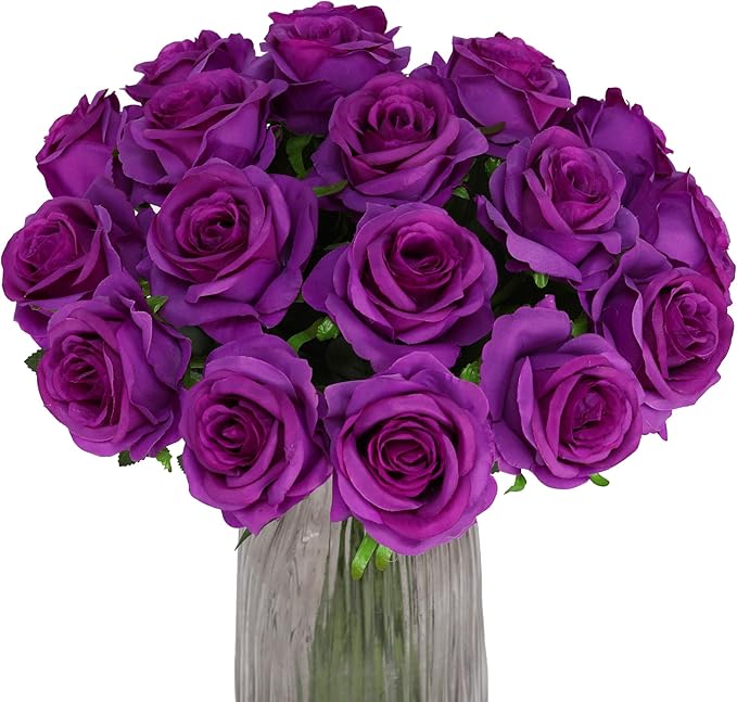 Purple Fake Roses Artificial Flowers - 16 Pcs Fake Artificial Roses Silk Flowers with Stems for Home Wedding Hotel Office Centerpiece Decor-Ruum Studio Home
