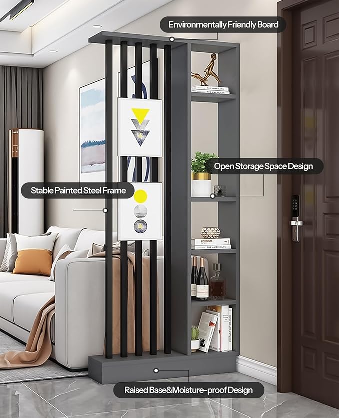Wall Room Divider, Storage Cabinet Storage Display with Shelves, Modern Freestanding Wood Room Divider Screen, Wall Privacy Screens for Home Decorative (Grey,35.4" L x 9.5" W x 79.5" H)-Ruum Studio Home