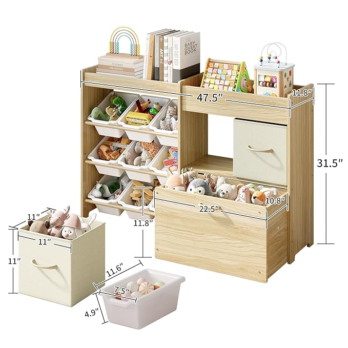 Toy Storage Organizer for Kids, 9-Bin Toy Organizer with 2-Drawers,Movable Toy Chest and Top Rack, Multifunctional Kids Bookshelf and Toy Storage for Living Room, Playroom, Nursery, White-Ruum Studio Home