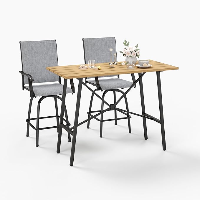 Sophia & William Outdoor Bar Set, Patio Bar Table and Chairs Set, Bar Height Patio Set - 2 x Swivel Bar Chairs(Grey), 1 x Rectangular Bar Table(Wood-Like)-Ruum Studio Home