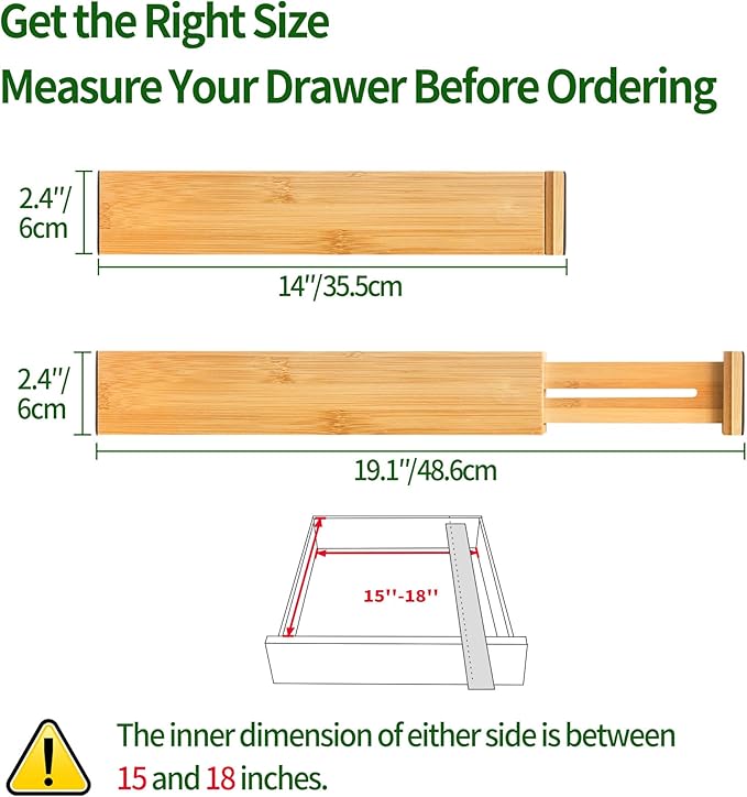 VaeFae 6-Pack Bamboo Drawer Dividers – Adjustable 14"-19.1" (Fits 15"-18" Drawers ONLY), Spring-Loaded Expandable Organizer for Kitchen, Bedroom, Office & Bathroom, MUST MEASURE Before Purchase-Ruum Studio Home
