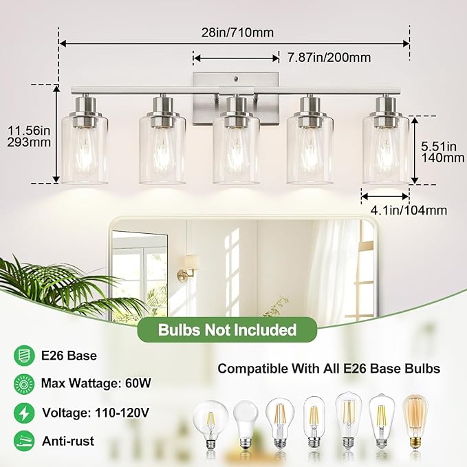 5-Light Bathroom Light Fixtures, Brushed Nickel Bathroom Vanity Light with Clear Glass Shades, Modern Bathroom Wall Lamp for Mirror Living Room Cabinet Bedroom Porch-Ruum Studio Home