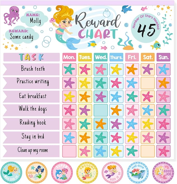 Reward Chart for Kids,Magnetic Behavior Chore Chart for Kids at Home,26 Mermaid Chore Charts,1960 Diamond Stickers,56 Reward Stickers,Incentive Chart to Develop Responsibility and Good Habits,Mermaid-Ruum Studio Home